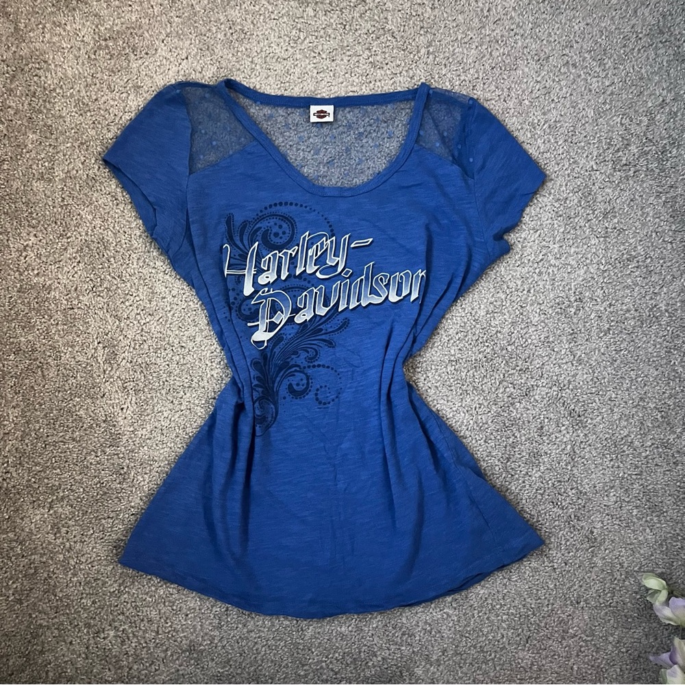 Harley Davidson shirt with lace on sleeves and back. Blue